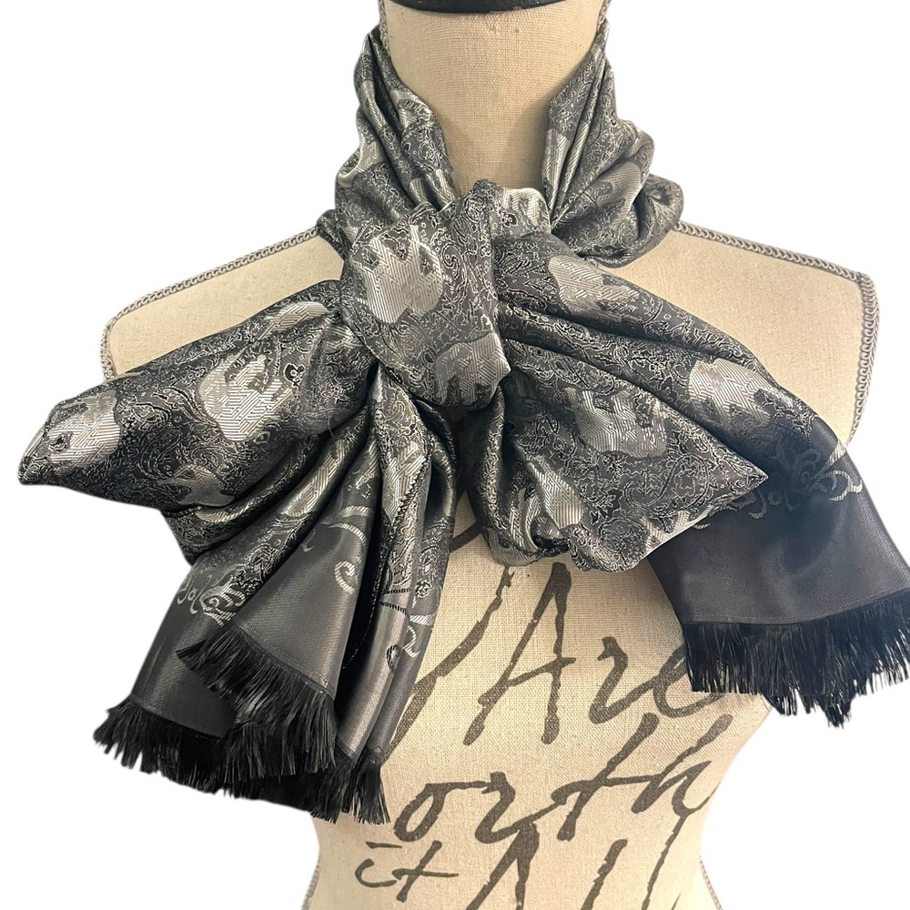 Black/Grey/Silver Fringe Elephant Reversible Silky Scarf Wrap Shawl - Picture 6 of 11